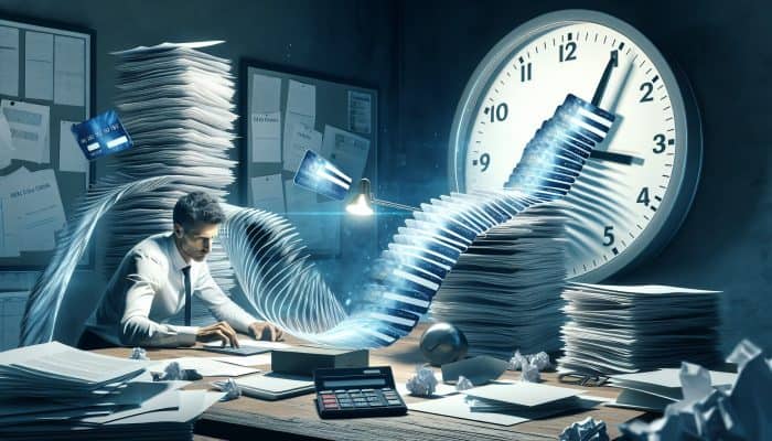 Focused individual at cluttered desk with documents and ticking clock, symbolising the timeframe for UK debt consolidation.