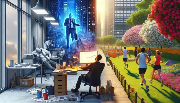 An overworked UK office worker slouched at a cluttered desk with a screen and mug, contrasted by them walking briskly in a beautiful park filled with blooming gardens and joggers.