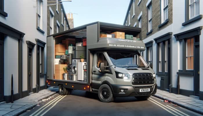 Top Vans for House Clearance Transport: A modern UK van loaded with bulky furniture and appliances, parked on a narrow urban street with sliding doors.