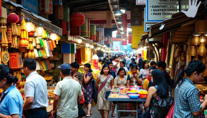 A lively street market filled with locals and tourists, featuring colorful crafts, traditional foods, and cultural performances, highlighting active engagement and interaction.