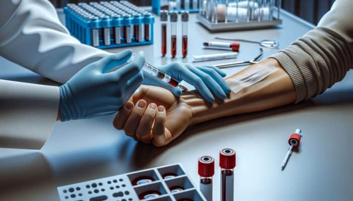 A close-up of a healthcare professional drawing blood for a Coeliac test in a sterile lab with syringes, tubes, and charts.