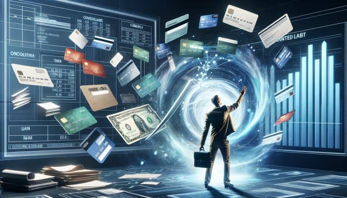 Debt Consolidation Loans vs Line of Credit: Key Differences | DCL Stressed individual surrounded by floating credit cards and bills, reaching for glowing consolidated loan in modern office with rising graphs.