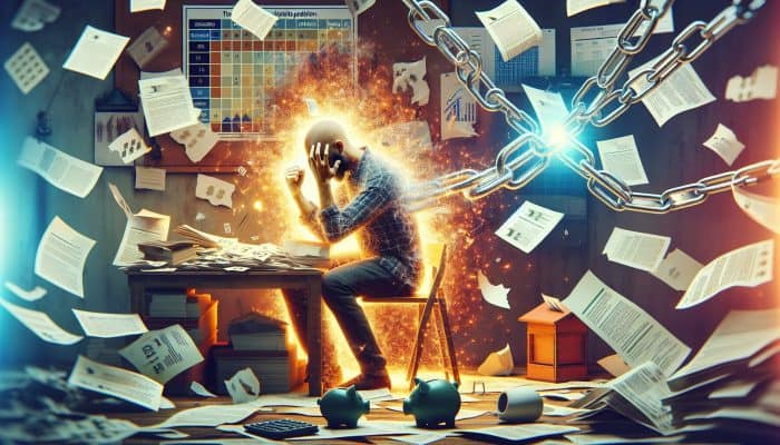 Debt Consolidation Loans vs Line of Credit: Key Differences | DCL A frustrated borrower trapped in glowing chains labeled "hidden fees" and "early repayment charges," surrounded by scattered documents and broken piggy banks in a dimly lit, cluttered office.