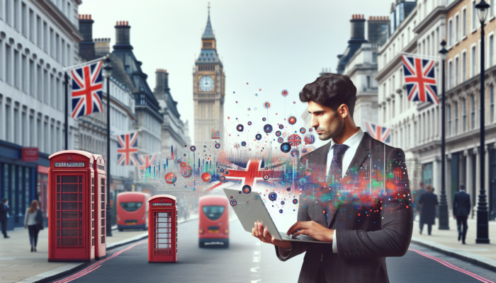 Small business owner in London street, reviewing strategy charts on laptop amid Union Jack flags, red phone booths, and Big Ben.