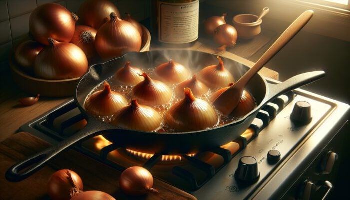 Close-up of golden-brown onions caramelizing in a cast-iron skillet, with rising steam and a wooden spoon stirring gently in a warm kitchen.