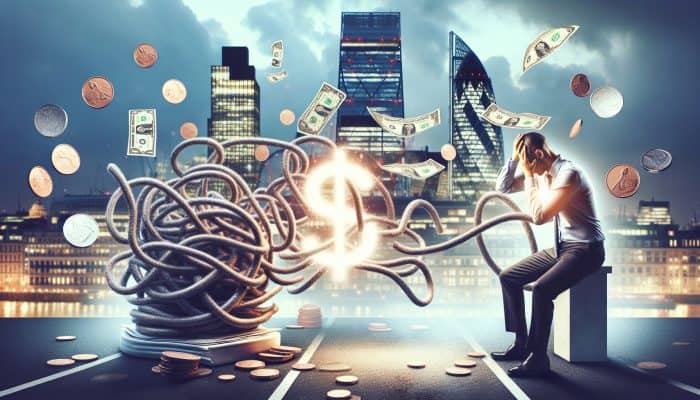 Consolidating Debt Before Remortgaging: Key Strategies | DCL Consolidating Debt Before Remortgaging: A stressed individual in a London skyline, with tangled bills and coins merging into a glowing loan document, symbolising UK debt consolidation relief.