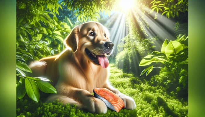 A golden retriever with a glossy coat playfully eats fresh salmon in a sunlit garden, symbolising omega-3 benefits for pet health.