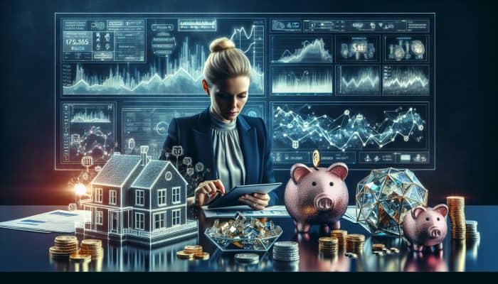 How Lenders Assess UK Debt Consolidation Loans | DCL A diligent UK lender reviews financial documents in a modern office, surrounded by house models, piggy banks, jewelry, and market graphs.