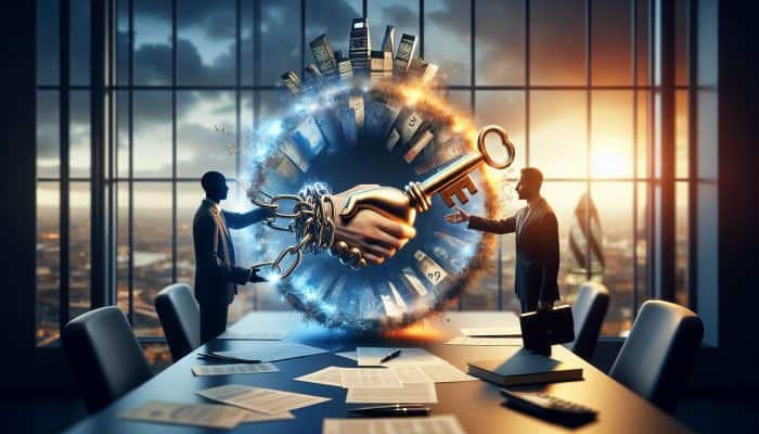 guarantor debt consolidation loans explained: Key Insights | DCL In a modern London office, a diverse guarantor and borrower shake hands over debt papers, with chains merging into a golden key symbolizing financial relief.