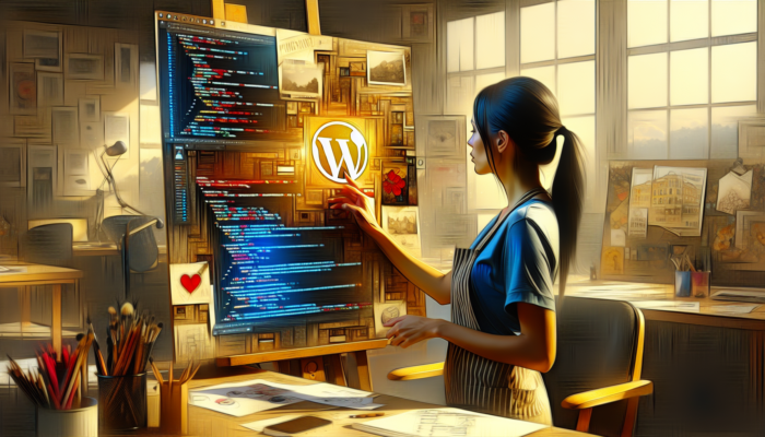 A seasoned web designer in a sunlit Cheltenham office, surrounded by glowing WordPress code, market sketches, and user behaviour charts.