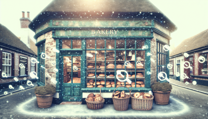 Charming bakery storefront in Newton Abbot, UK, featuring a sign for "Best Pastries," fresh baked goods, and symbolic rising search icons for local SEO.