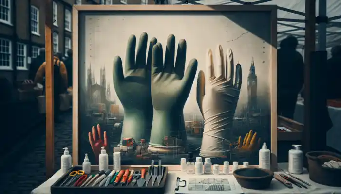 Showcasing various latex gauntlet gloves including thick, dark green industrial models and thin, white medical gloves displayed on a Lichfield market stall.