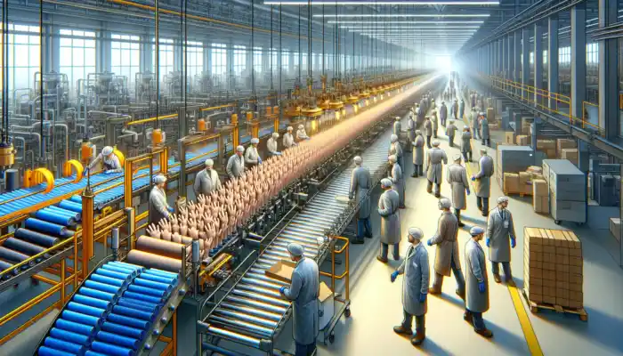 Skilled workers in a bustling UK factory produce durable PVC vinyl gloves on conveyor belts under bright lights.