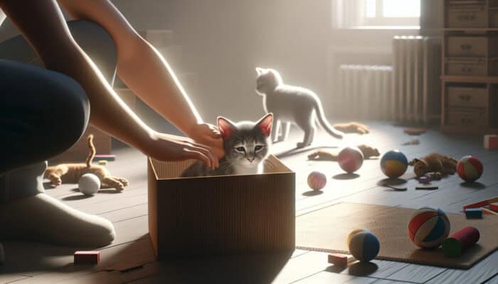Shy kitten hides in dimly lit cardboard box, ears flattened and eyes averted, surrounded by untouched toys, with calm owner nearby.