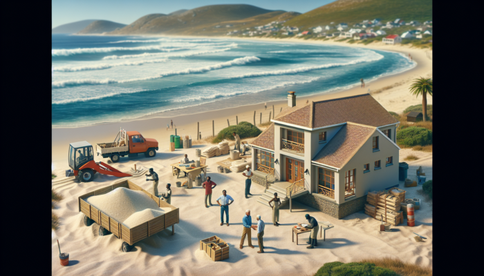 Serene coastal scene near Secunda: workers maintain a beachfront home with local materials as homeowners discuss repairs under a sunny sky.