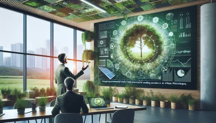 An expert in a modern eco-friendly office, surrounded by plants and solar laptops, presents sustainable practices for VA careers on screen.
