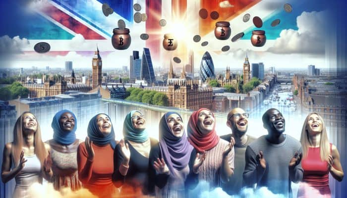 Using a Credit Union for Debt Consolidation: A Smart Choice | DCL Diverse people in a bustling UK cityscape joyfully review charts of declining credit union rates, with debt vanishing into savings jars under a bright sky.