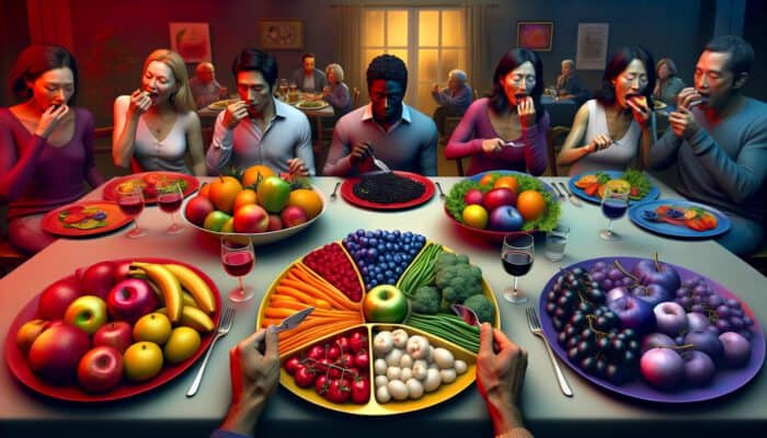 A vibrant kitchen still life: red fruits on a plate evoking hunger, blue vegetables suppressing appetite, diverse diners reacting.