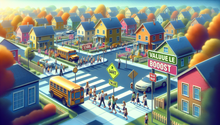 Vibrant suburban street with modern homes, children playing in a school zone with yellow signs, real estate agents holding 'Value Boost' signs under a sunny sky.