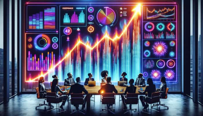 Professionals in a conference room analyzing vibrant KPI dashboards with ascending graphs, showing performance growth.