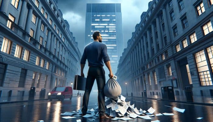 Debt Consolidation on Zero Hours Contracts: Essential Guide | DCL A determined zero hours worker in a rainy London street holds scattered pay slips and a laptop, facing a towering bank building.