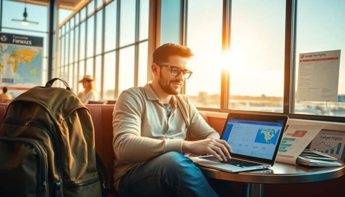 A savvy traveler in a cozy airport café, checking Google Flights on a laptop, surrounded by maps, tickets, calendar, and a packed backpack under a sunny window.