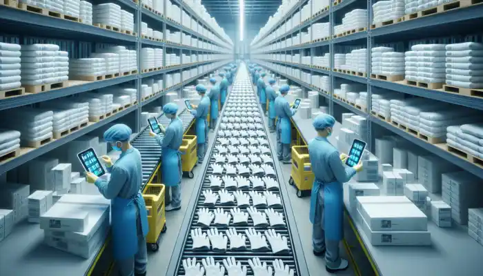 Modern warehouse with stacked white cotton gloves, workers in blue uniforms scanning barcodes and packing on conveyor belts under bright lights.