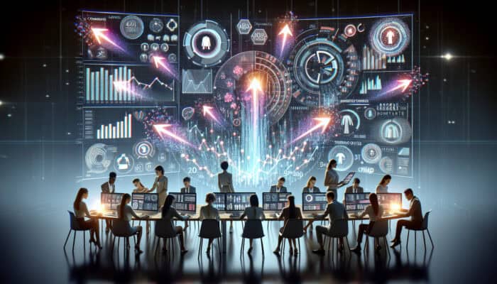 Marketers in a modern command center analyse holographic screens with real-time data, swiftly adapting a fashion campaign to trending outfits.