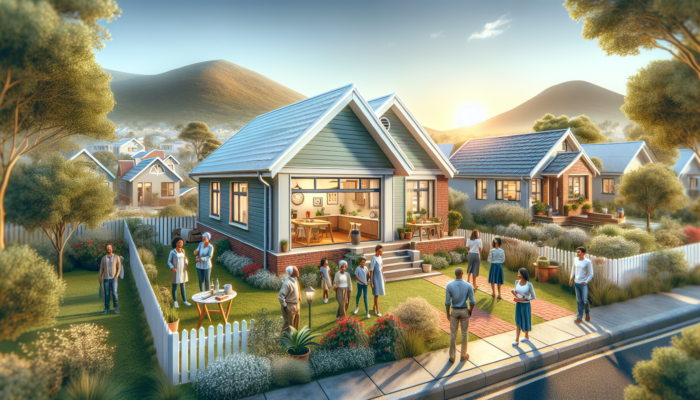 A cozy 2-3 bedroom home in Graaff-Reinet's Mountain View, featuring a modern kitchen, compact garden, and friendly neighbors chatting under a sunny sky.