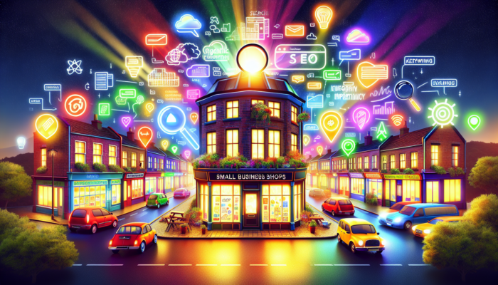 A bustling UK high street with small shops, one illuminated by glowing SEO elements like traffic graphs and keyword clouds, symbolising growth.
