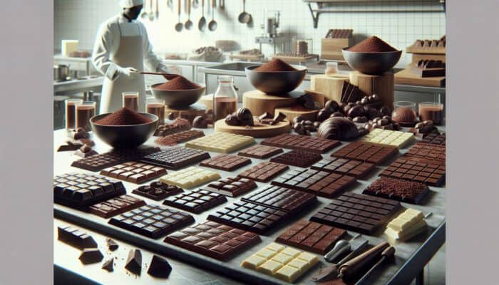 A professional kitchen scene featuring glossy dark chocolate bars, creamy milk blocks, smooth white pieces, and rich couverture on a marble slab, alongside melting tools.