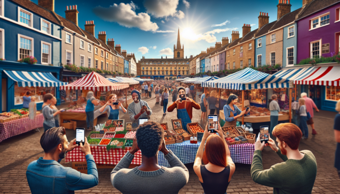 Bustling market square in Midsomer Norton showcasing historic Georgian architecture, colorful stalls, and marketers capturing Instagram moments under a sunny sky.