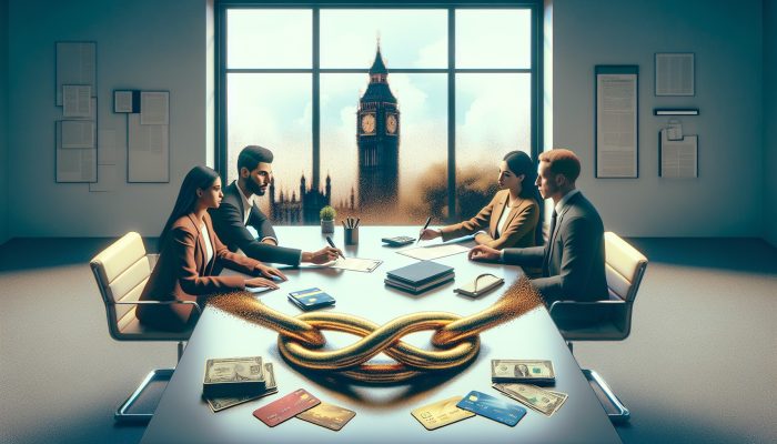Joint Debt Consolidation for Unmarried Couples | DCL An unmarried couple signs a joint debt consolidation loan in a modern London office, with credit cards merging into a golden chain under Big Ben.