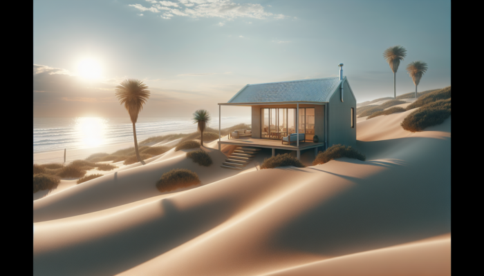 A compact modern coastal home in Centurion, South Africa, with light colours, nestled among dunes, palm trees, and the nearby ocean under a sunny sky.