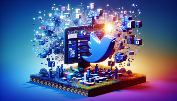 Vibrant illustration of a Kingswood business website with Facebook and Twitter icons, showing users engaging and sharing in an online community.