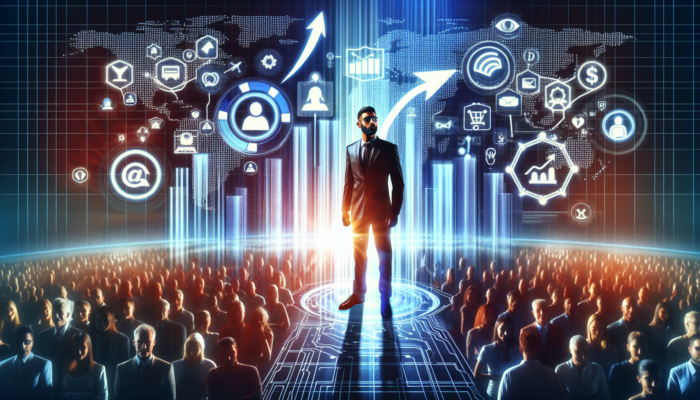 Confident marketer on glowing digital stage, surrounded by growing diverse crowd, holographic social media icons, rising follower graphs, and strategy boards.