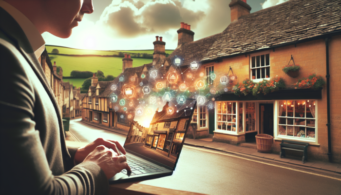Business owner in Stow-on-the-Wold shop views analytics graphs on laptop, showing growing likes, shares, and comments in British village setting.