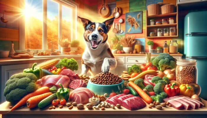Grain-Free Diets for Allergic Dogs: A healthy dog eating a bowl of fresh meats, colorful vegetables, and nuts in a sunny kitchen, symbolizing a grain-free diet.