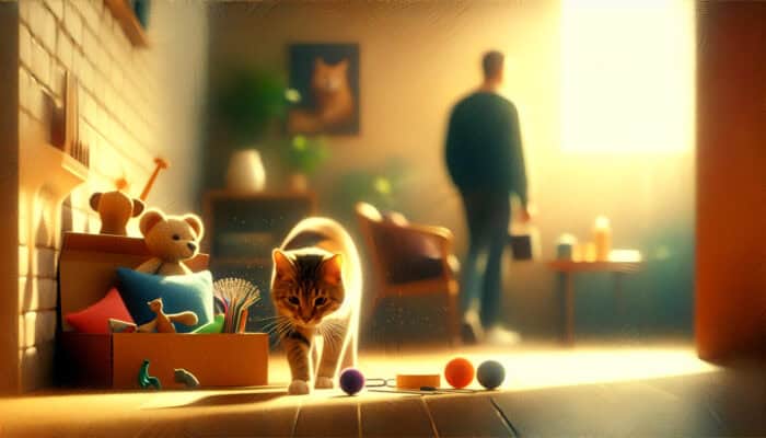 A curious cat emerges from hiding in a sunlit living room, sniffing toys and furniture, as a patient owner watches encouragingly.