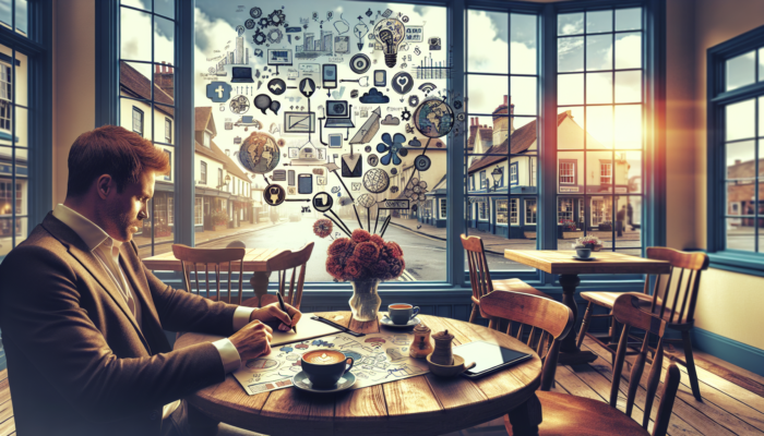 A consultant devising a social media strategy in a Patchway café, surrounded by icons, charts, coffee cups, and views of the town.