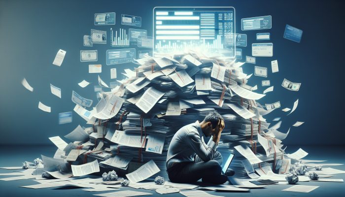 can i consolidate buy now pay later debts?: Expert Tips | DCL Stressed individual in cluttered home office, surrounded by bills and charts, viewing laptop with debt consolidation options.