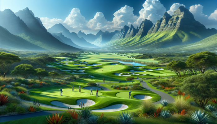 A vibrant South African golf course at Fancourt, with undulating fairways, dramatic mountains, lush flora, and golfers navigating slopes strategically.