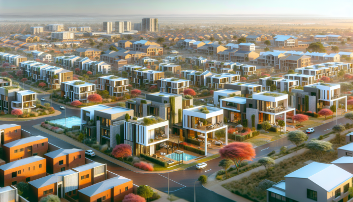 A vibrant street in Makhanda, South Africa, featuring modern apartments, affordable townhouses, and spacious detached homes with gardens.