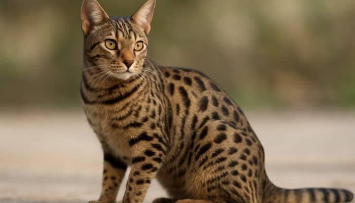 Majestic Ocicat cat with genetic spot patterns in brown and silver, alert in natural light.