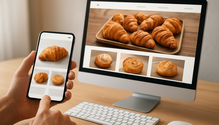 Website Revamp in Glastonbury: Responsive bakery website showcased on smartphone, tablet, and desktop, featuring fresh pastries and intuitive navigation.