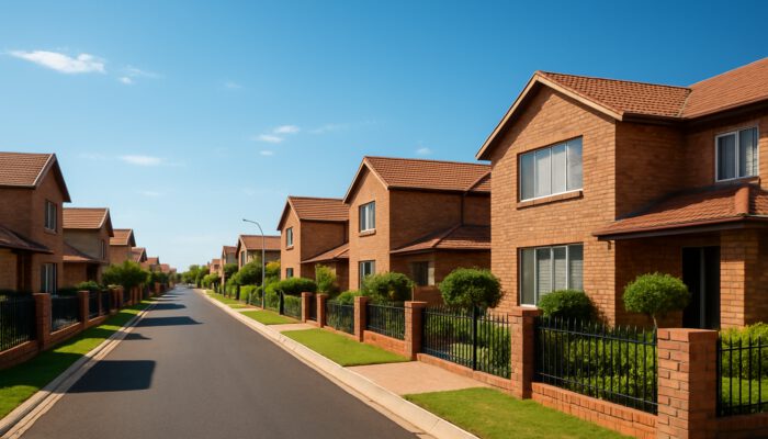 Modern mid-level homes in Postmasburg with neat gardens, brick facades, and secure fencing under sunny skies.