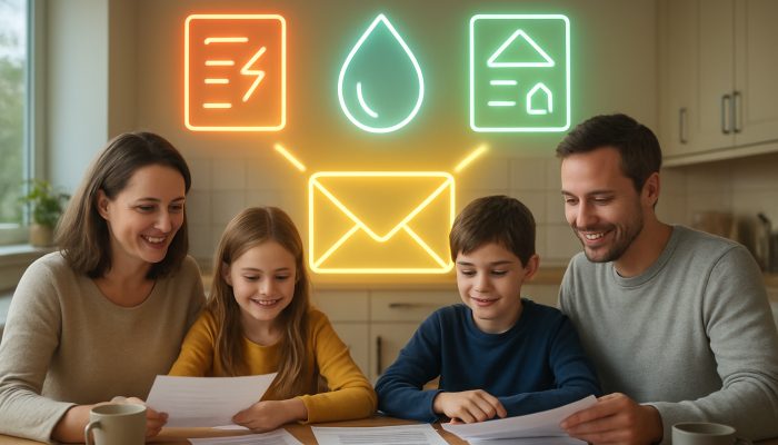 One Payment vs Many Bills Each Month: Pros and Cons | DCL UK family managing merged energy, water, and council tax bills in a glowing envelope.