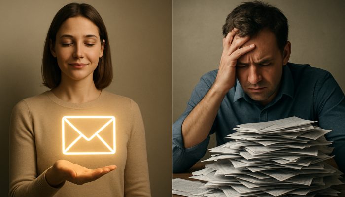 One Payment vs Many Bills Each Month: Pros and Cons | DCL Split illustration: Serene person managing one glowing payment vs. stressed individual overwhelmed by bills.