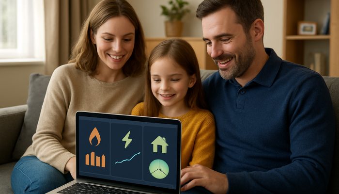 One Payment vs Many Bills Each Month: Pros and Cons | DCL UK family viewing Octopus Energy app on laptop, showing single payment dashboard for gas, electricity bills.