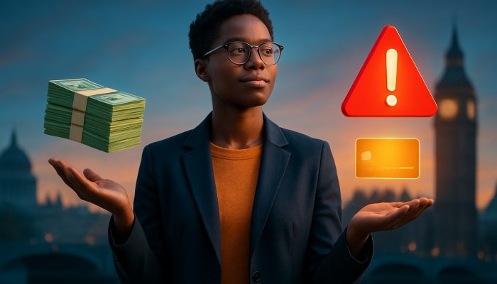 Loan Options Without Asset Security: Key Alternatives | DCL Loan Options Without Asset Security: Confident individual balancing UK unsecured loans: cash stack, illuminated credit card, and overdraft warning sign.
